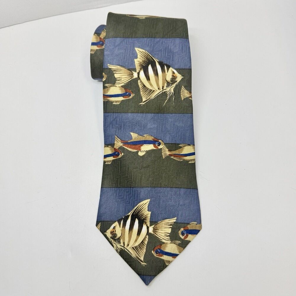 Puritan Special Edition Blue Green Brown Fish Print Polyester Neck Tie